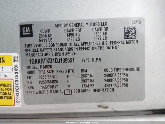 Aukcja sprzedaży 2013 Gmc Acadia Denali, vin: 1GKKRTKD1DJ189651, numer aukcji: 45588281