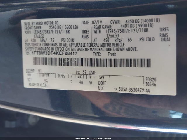 45588285 :رقم المزاد ، 1FT8W3DT4KEF88417 vin ، 2019 Ford F-350 Lariat مزاد بيع