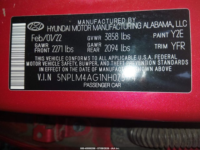 Продаж на аукціоні авто 2022 Hyundai Elantra Sel, vin: 5NPLM4AG1NH075174, номер лоту: 45588286