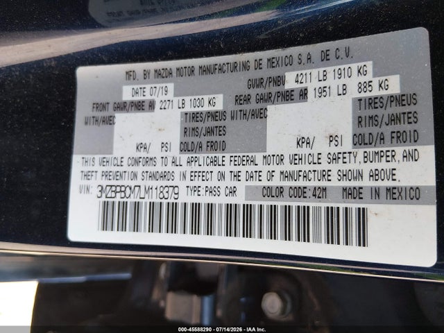 45588290 :رقم المزاد ، 3MZBPBCM7LM118379 vin ، 2020 Mazda Mazda3 Select Package مزاد بيع
