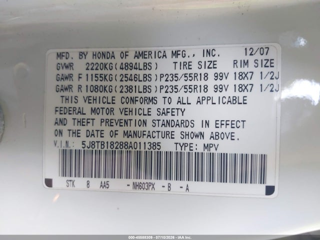 45588309 :رقم المزاد ، 5J8TB18288A011385 vin ، 2008 Acura Rdx مزاد بيع