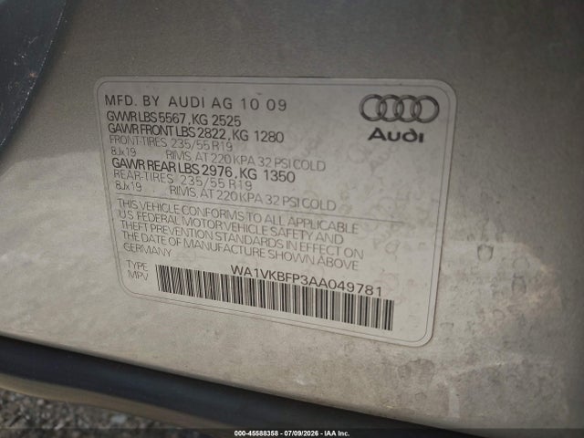 2010 Audi Q5 3.2 Premium მანქანა იყიდება აუქციონზე, vin: WA1VKBFP3AA049781, აუქციონის ნომერი: 45588358