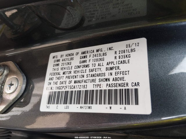 45588359 :رقم المزاد ، 1HGCP2F75CA172193 vin ، 2012 Honda Accord 2.4 Ex مزاد بيع
