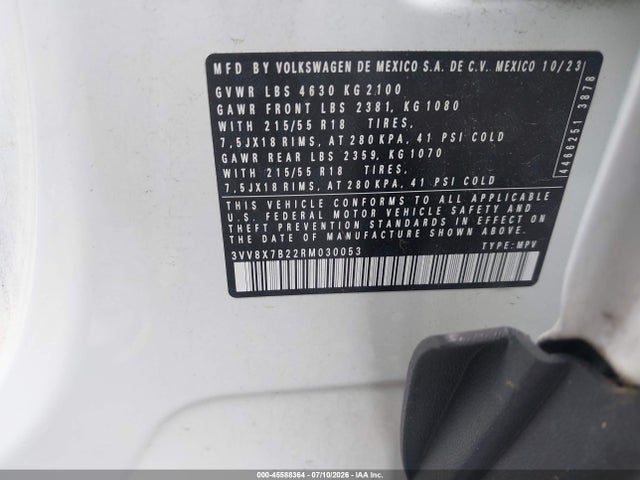 2024 Volkswagen Taos 1.5t S მანქანა იყიდება აუქციონზე, vin: 3VV8X7B22RM030053, აუქციონის ნომერი: 45588364