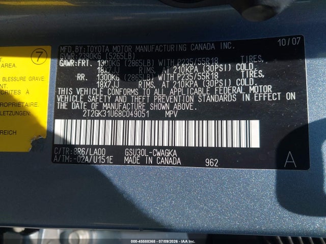 Aukcja sprzedaży 2008 Lexus Rx 350, vin: 2T2GK31U68C049051, numer aukcji: 45588368