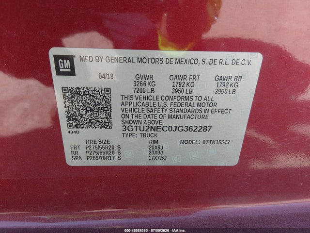 Aukcja sprzedaży 2018 Gmc Sierra 1500 Slt, vin: 3GTU2NEC0JG362287, numer aukcji: 45588390