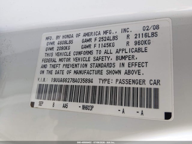 45588402 :رقم المزاد ، 19UUA66278A035894 vin ، 2008 Acura Tl 3.2 مزاد بيع