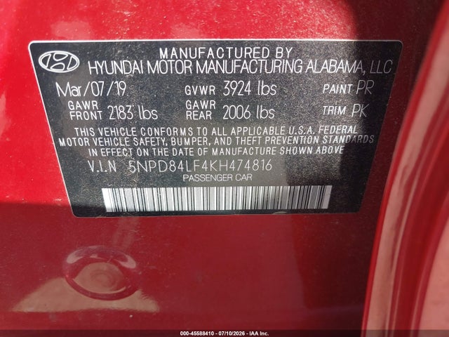 Продажа на аукционе авто 2019 Hyundai Elantra Sel, vin: 5NPD84LF4KH474816, номер лота: 45588410
