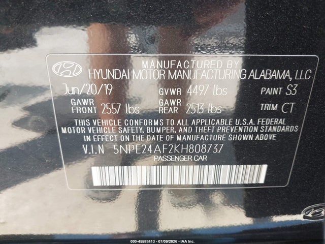Aukcja sprzedaży 2019 Hyundai Sonata Se, vin: 5NPE24AF2KH808737, numer aukcji: 45588413