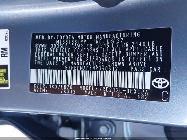 5YFEPMAE4NP340512 Toyota COROLLA LE