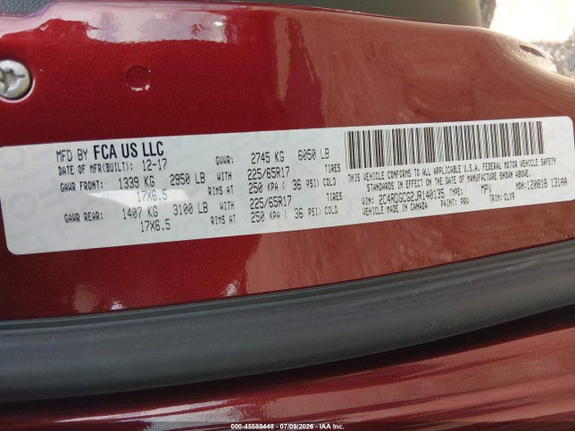 45588448 :رقم المزاد ، 2C4RDGCG2JR140135 vin ، 2018 Dodge Grand Caravan Sxt مزاد بيع