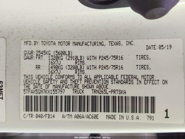 5TFAX5GN7KX155797 Toyota Tacoma Sr