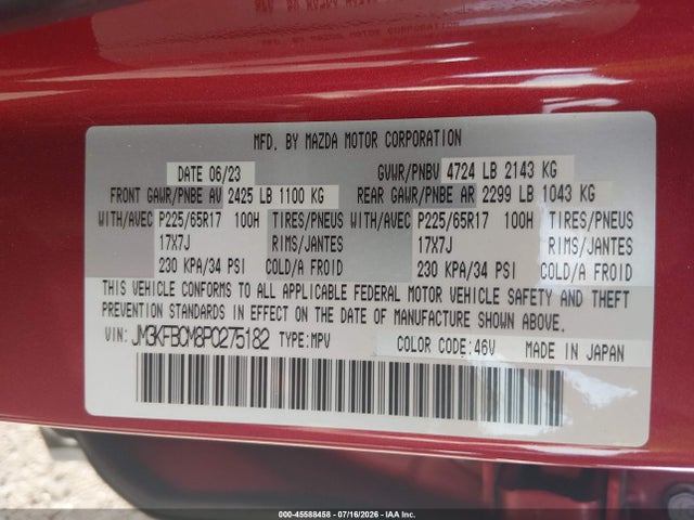 Aukcja sprzedaży 2023 Mazda Cx-5 2.5 S Preferred, vin: JM3KFBCM8P0275182, numer aukcji: 45588458