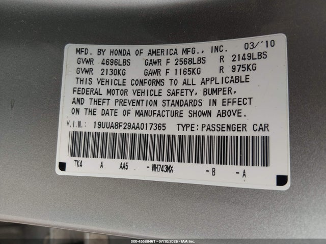 Aukcja sprzedaży 2010 Acura Tl 3.5, vin: 19UUA8F29AA017365, numer aukcji: 45588461