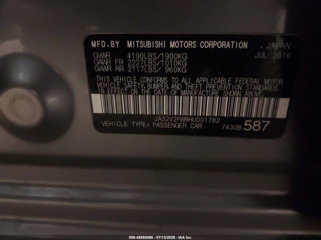 Aukcja sprzedaży 2017 Mitsubishi Lancer Es, vin: JA32V2FW9HU001782, numer aukcji: 45588498