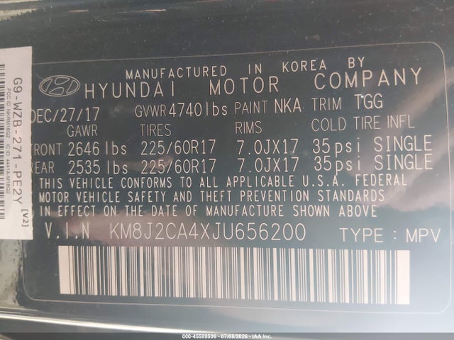 Продаж на аукціоні авто 2018 Hyundai Tucson Se, vin: KM8J2CA4XJU656200, номер лоту: 45588506