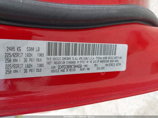 Aukcja sprzedaży 2019 Dodge Journey Se, vin: 3C4PDCBB9KT844658, numer aukcji: 45588512