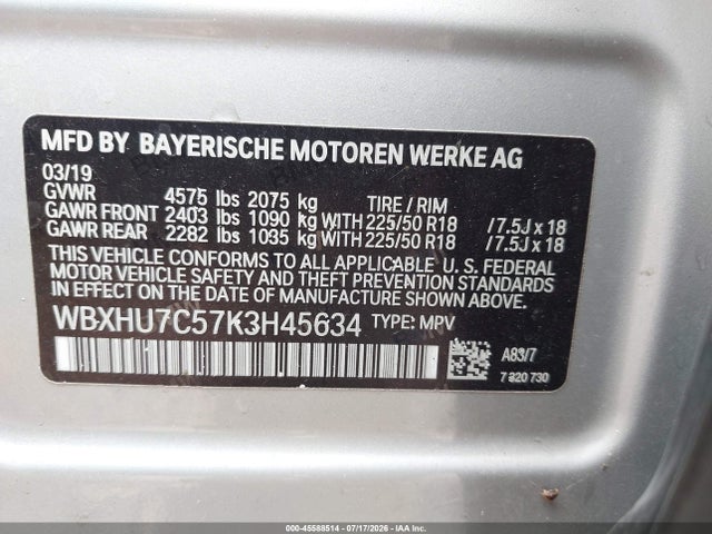 2019 Bmw X1 Sdrive28i მანქანა იყიდება აუქციონზე, vin: WBXHU7C57K3H45634, აუქციონის ნომერი: 45588514