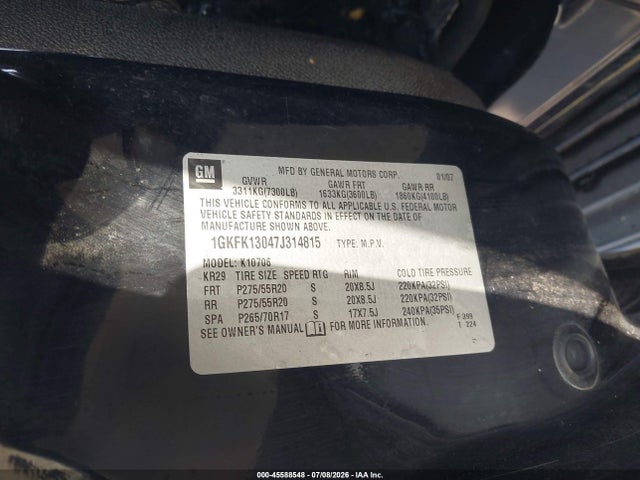 45588548 :رقم المزاد ، 1GKFK13047J314815 vin ، 2007 Gmc Yukon Slt مزاد بيع