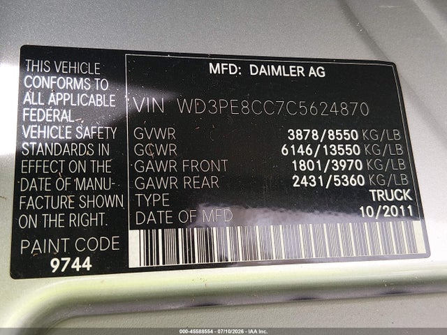 2012 Mercedes-benz Sprinter 2500 High Roof მანქანა იყიდება აუქციონზე, vin: WD3PE8CC7C5624870, აუქციონის ნომერი: 45588554