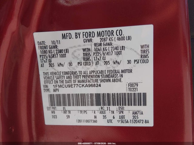 Продаж на аукціоні авто 2012 Ford Escape Limited, vin: 1FMCU9E77CKA96824, номер лоту: 45588571