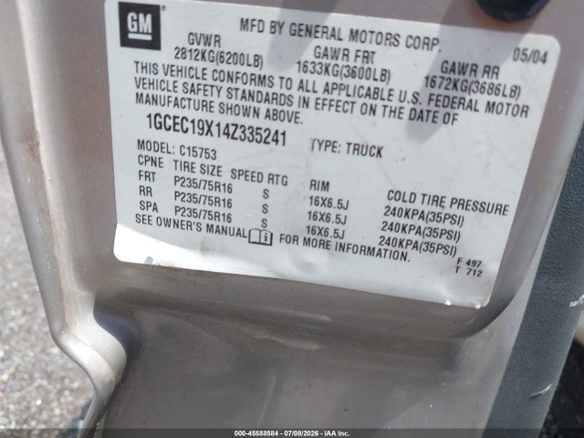 Auction sale of the 2004 Chevrolet Silverado 1500 Work Truck, vin: 1GCEC19X14Z335241, lot number: 45588584