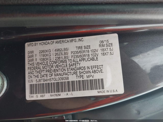 45588600 :رقم المزاد ، 5J8TB4H57GL009058 vin ، 2016 Acura Rdx Technology   Acurawatch Plus Packages/technology Package مزاد بيع