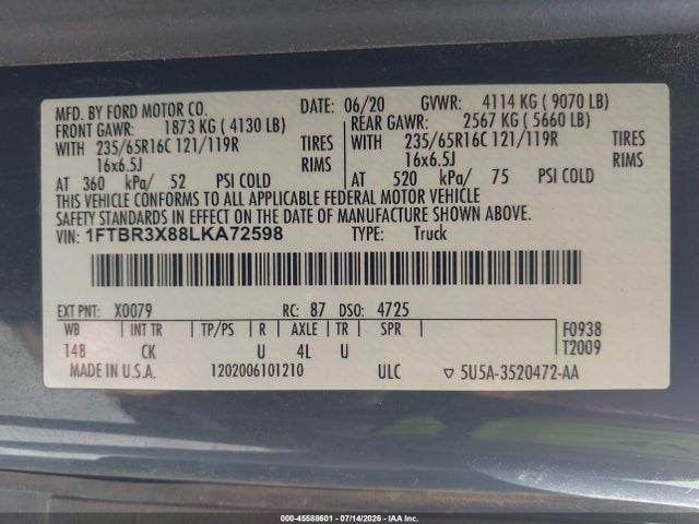 45588601 :رقم المزاد ، 1FTBR3X88LKA72598 vin ، 2020 Ford Transit-250 Cargo Van مزاد بيع