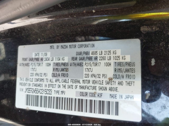 45588606 :رقم المزاد ، JM3ER2W56A0315033 vin ، 2010 Mazda Cx-7 I Sv مزاد بيع