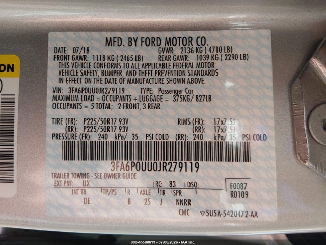 3FA6P0UU0JR279119 Ford Fusion Hybrid S