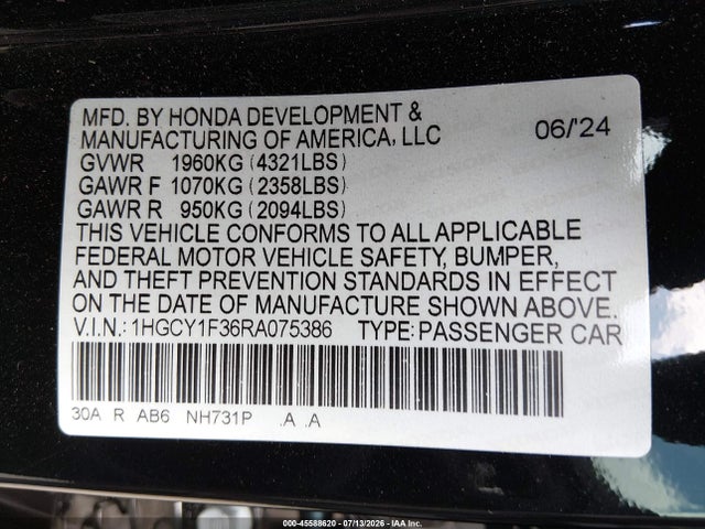 45588620 :رقم المزاد ، 1HGCY1F36RA075386 vin ، 2024 Honda Accord Ex مزاد بيع