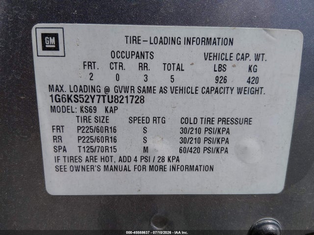 1996 Cadillac Seville Sls მანქანა იყიდება აუქციონზე, vin: 1G6KS52Y7TU821728, აუქციონის ნომერი: 45588637