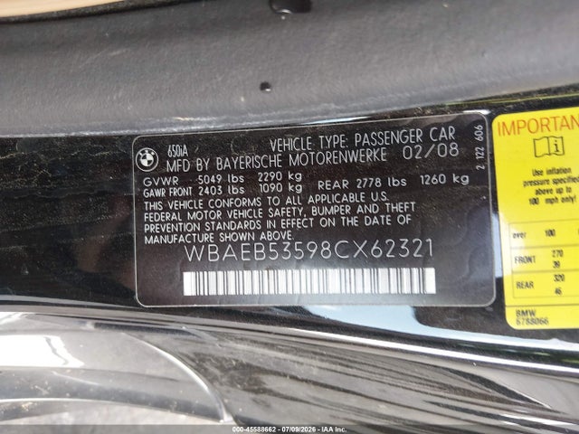 Продаж на аукціоні авто 2008 Bmw 650i, vin: WBAEB53598CX62321, номер лоту: 45588662