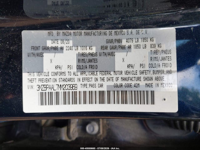 2021 Mazda Mazda3 მანქანა იყიდება აუქციონზე, vin: 3MZBPAAL7MM203969, აუქციონის ნომერი: 45588665