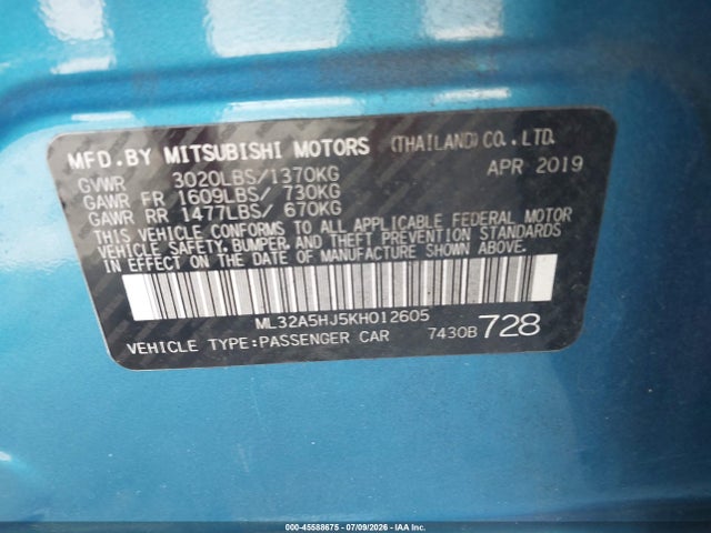 Продажа на аукционе авто 2019 Mitsubishi Mirage Gt, vin: ML32A5HJ5KH012605, номер лота: 45588675