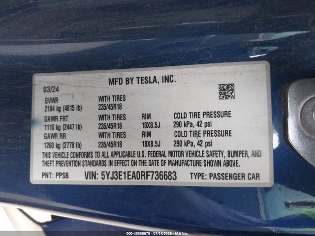 Aukcja sprzedaży 2024 Tesla Model 3, vin: 5YJ3E1EA0RF736683, numer aukcji: 45588679