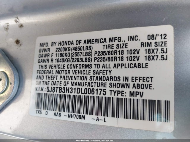 45588691 :رقم المزاد ، 5J8TB3H31DL006175 vin ، 2013 Acura Rdx مزاد بيع