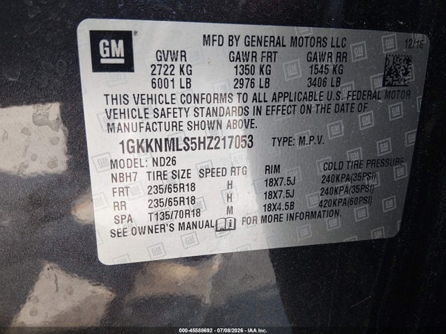 45588692 :رقم المزاد ، 1GKKNMLS5HZ217053 vin ، 2017 Gmc Acadia Slt-1 مزاد بيع