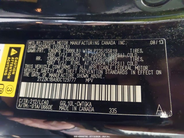 45588705 :رقم المزاد ، 2T2ZK1BA9DC129777 vin ، 2013 Lexus Rx 350 مزاد بيع