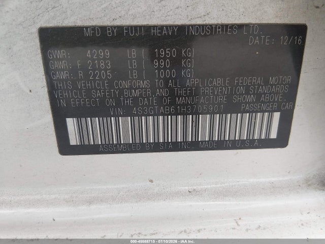 45588715 :رقم المزاد ، 4S3GTAB61H3705901 vin ، 2017 Subaru Impreza 2.0i Premium مزاد بيع