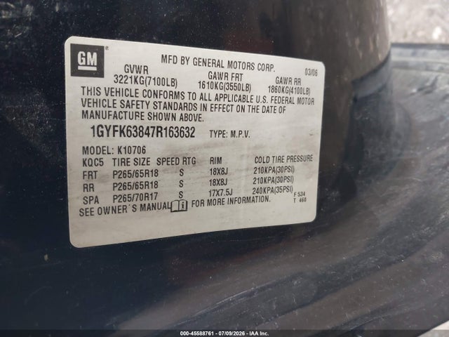 45588761 :رقم المزاد ، 1GYFK63847R163632 vin ، 2007 Cadillac Escalade مزاد بيع