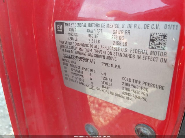 45588773 :رقم المزاد ، 3GNBABFU6BS591417 vin ، 2011 Chevrolet Hhr Lt W/1lt مزاد بيع