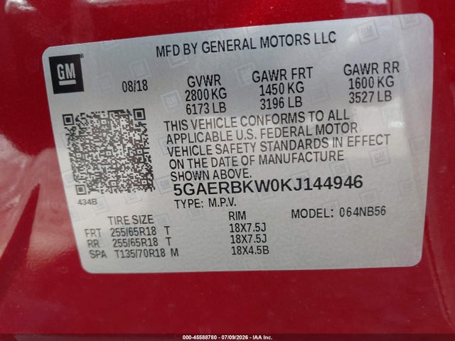 45588780 :رقم المزاد ، 5GAERBKW0KJ144946 vin ، 2019 Buick Enclave Fwd Essence مزاد بيع