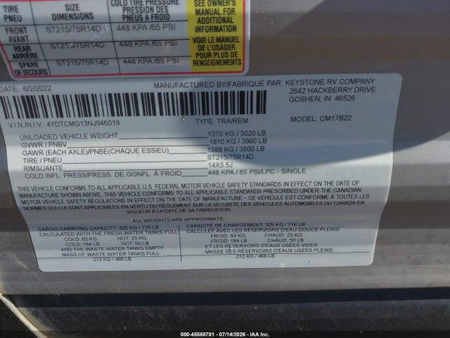 45588781 :رقم المزاد ، 4YDTCMG13NJ946019 vin ، 2023 Coleman Other مزاد بيع