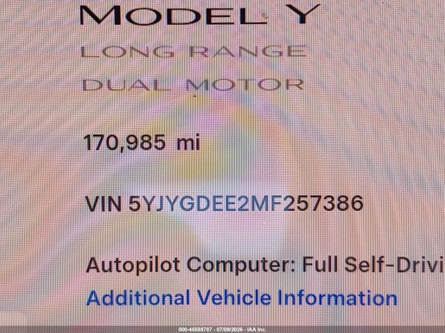 Aukcja sprzedaży 2021 Tesla Model Y Long Range Dual Motor All-wheel Drive, vin: 5YJYGDEE2MF257386, numer aukcji: 45588787