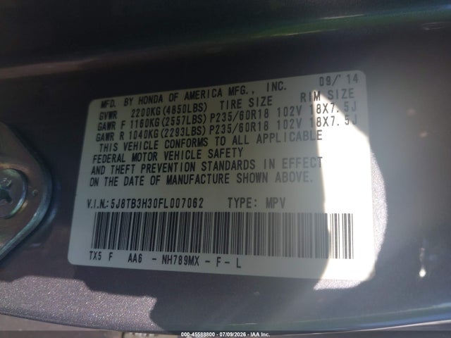 45588800 :رقم المزاد ، 5J8TB3H30FL007062 vin ، 2015 Acura Rdx مزاد بيع