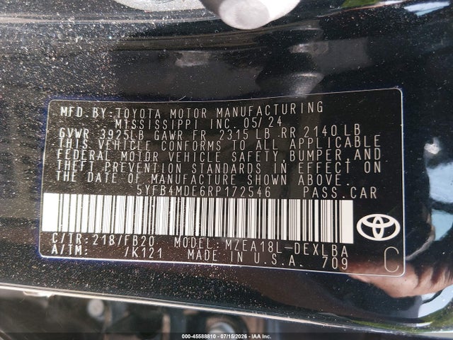 45588810 :رقم المزاد ، 5YFB4MDE6RP172546 vin ، 2024 Toyota Corolla Le مزاد بيع
