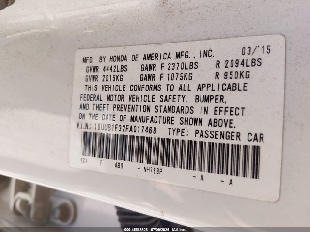 45588828 :رقم المزاد ، 19UUB1F32FA017468 vin ، 2015 Acura Tlx مزاد بيع