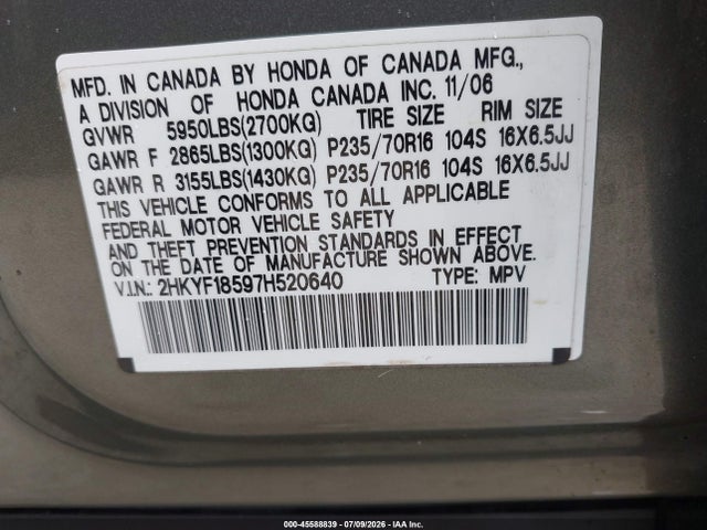 2007 Honda Pilot Ex-l მანქანა იყიდება აუქციონზე, vin: 2HKYF18597H520640, აუქციონის ნომერი: 45588839