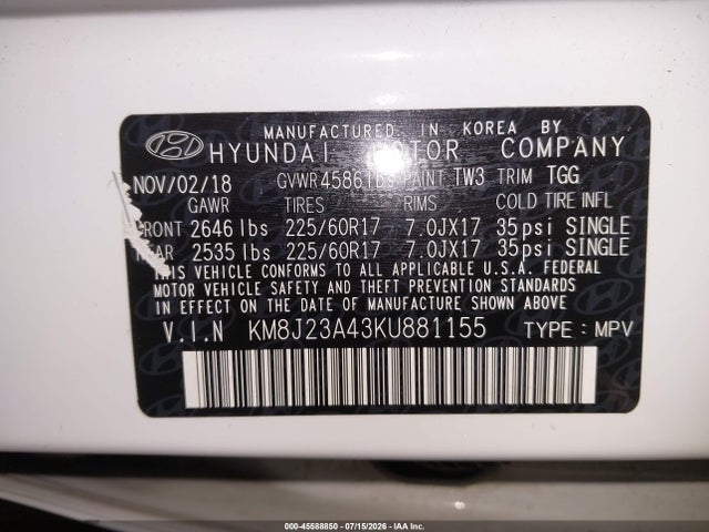 45588850 :رقم المزاد ، KM8J23A43KU881155 vin ، 2019 Hyundai Tucson Se مزاد بيع